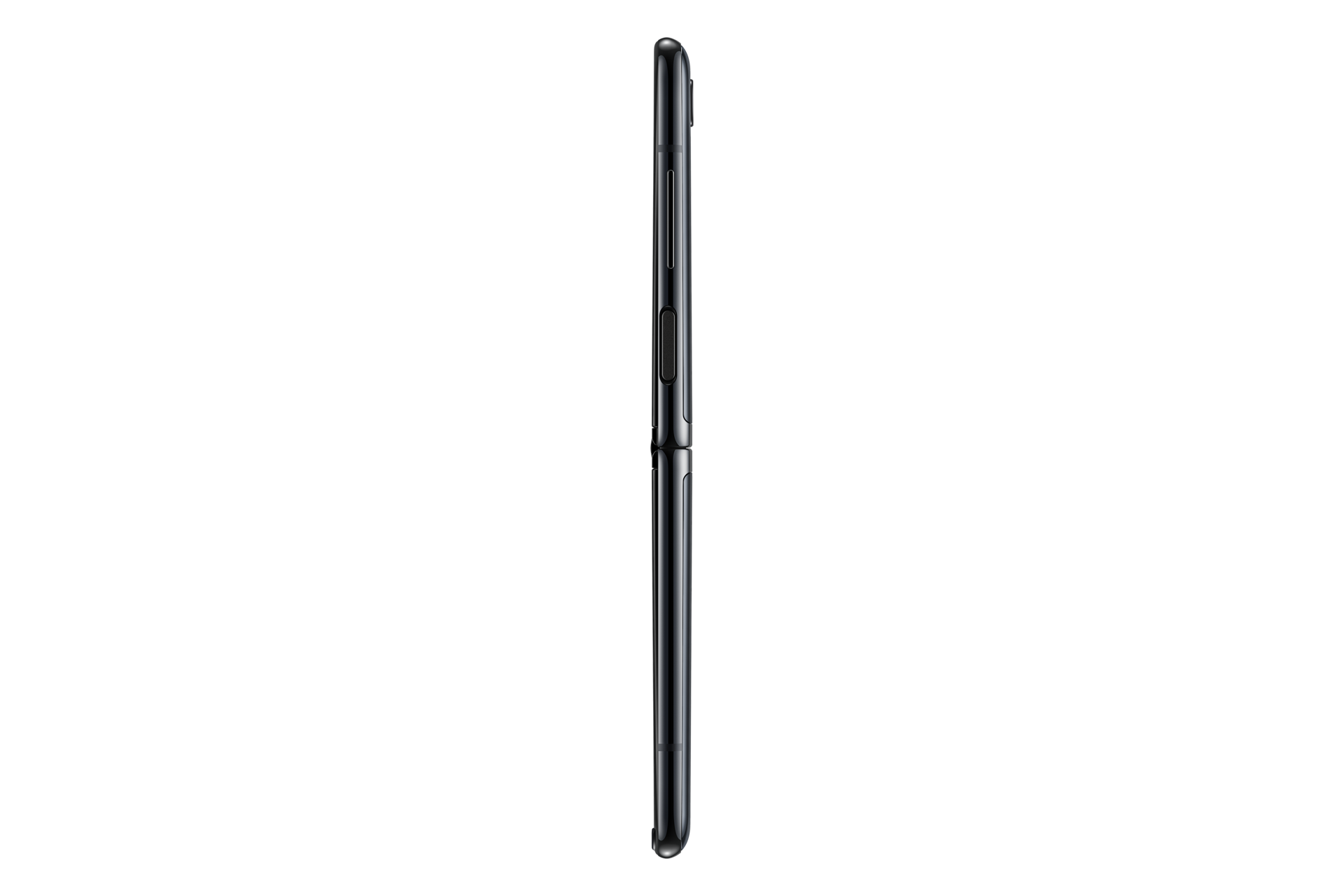 A side view of Samsung Galaxy Z Flip (SM-F700FZKDXSP) in Mirror Black with a camera that is powerful even at night and works with Night Hyperlapse mode