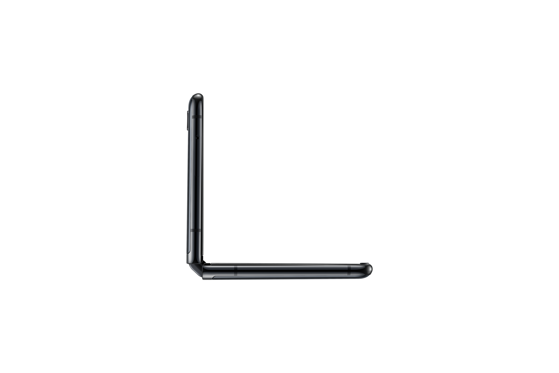 A side-table-top view of Samsung Galaxy Z Flip (SM-F700FZKDXSP) in Mirror Black that is 167.3 height x 73.6 width x 6.9-7.2 depth in dimension when unfolding a phone