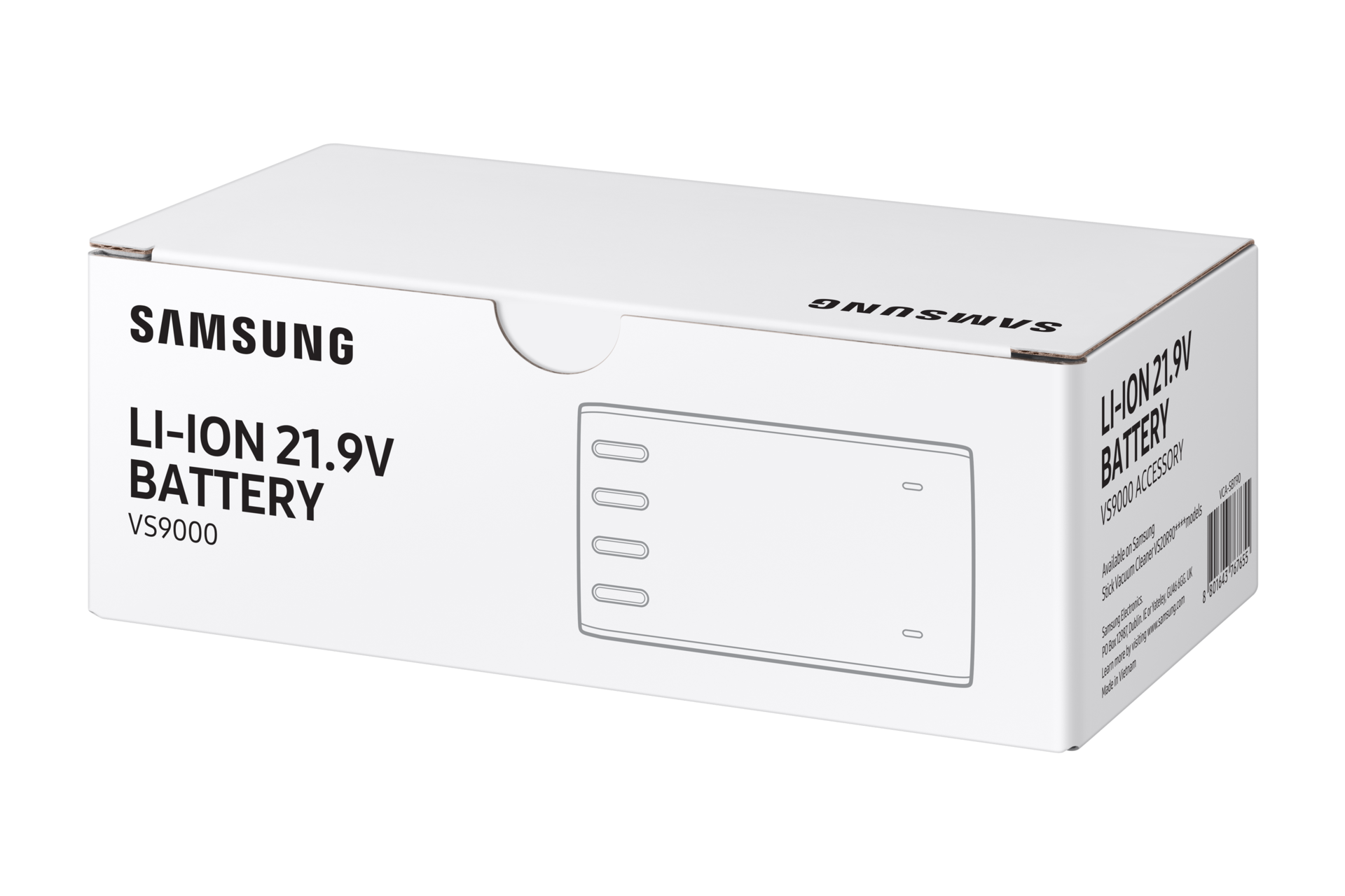 Check out Samsung VCA-SBT90 now. Battery for Jet 75 and Jet 90 white box packaging seen from right perspective view