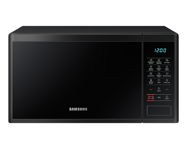 Buy Samsung MS23J5133AK/SP now. Healthy Cooking, 23L, Solo Microwave Oven in black seen from the front view