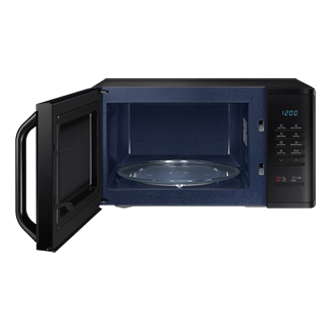Explore Samsung MS23K3513AK/SP now. Ceramic Inside™, 23L, Solo Microwave Oven in black seen from front with door open