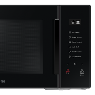Full Glass Control Panel of the Samsung Microwave Oven Solo with Home Dessert function 30L in black.