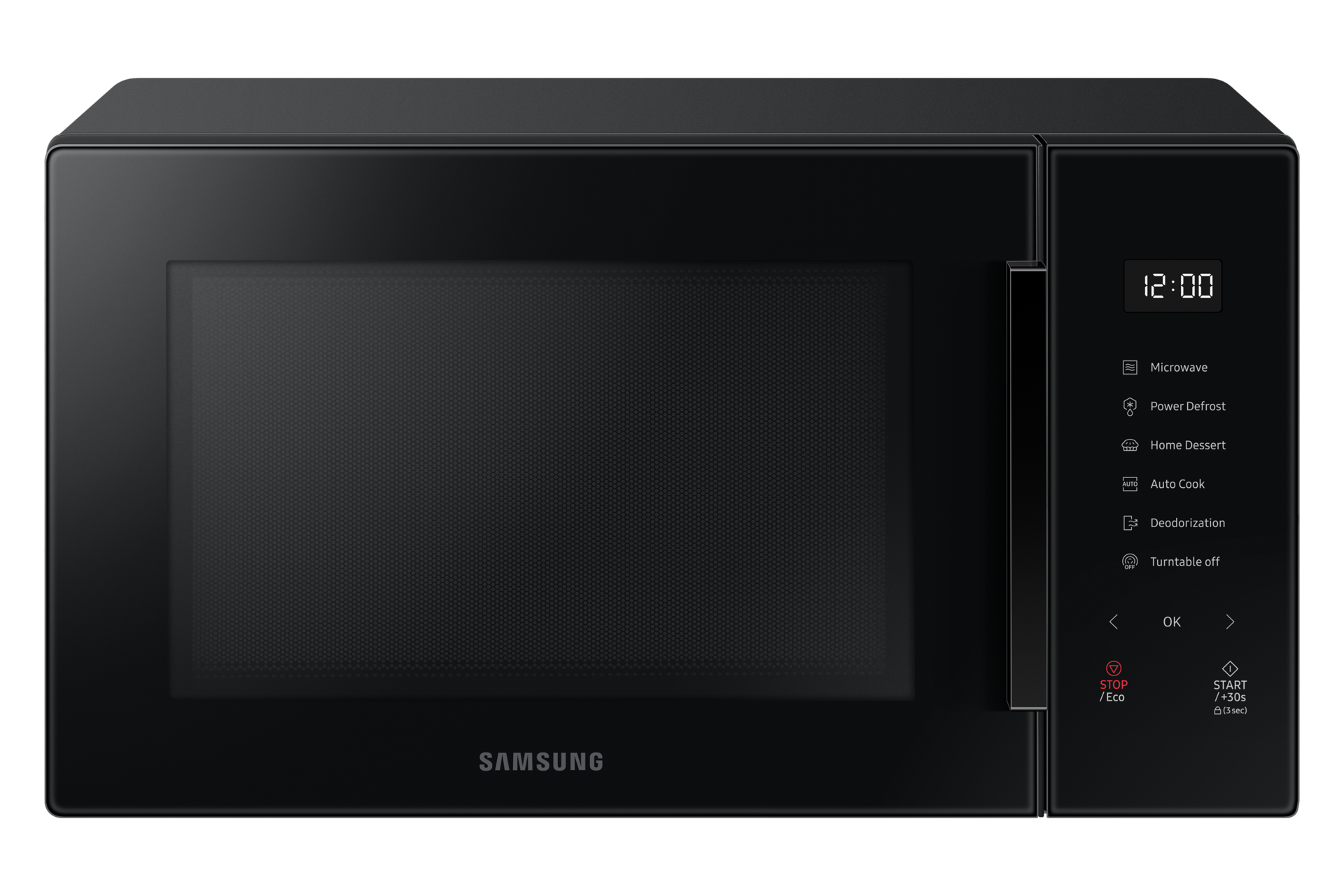 Front of the Samsung Microwave Oven Solo with Home Dessert function 30L in black.
