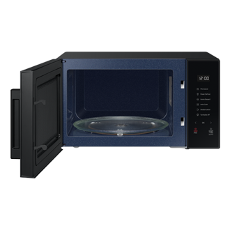 Door of the Samsung Microwave Oven Solo with Home Dessert function 30L (black) open to show the easy-to-clean interior.