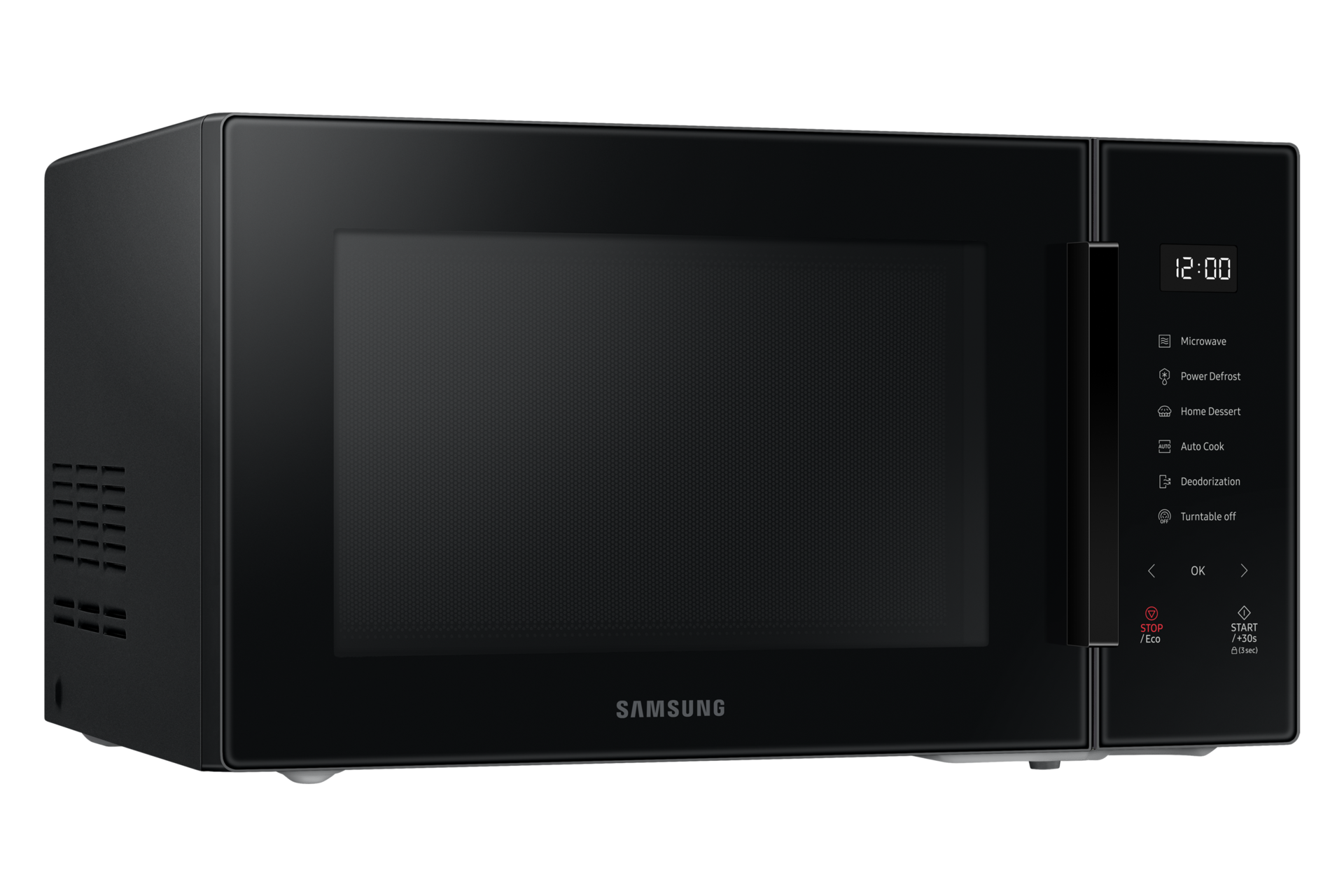 Left of the Samsung Microwave Oven Solo with Home Dessert function 30L in black.