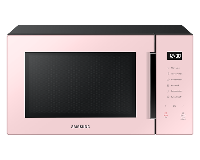 Front view of the Samsung Solo Microwave Oven 30L (pink) with Home Dessert technology for baking.