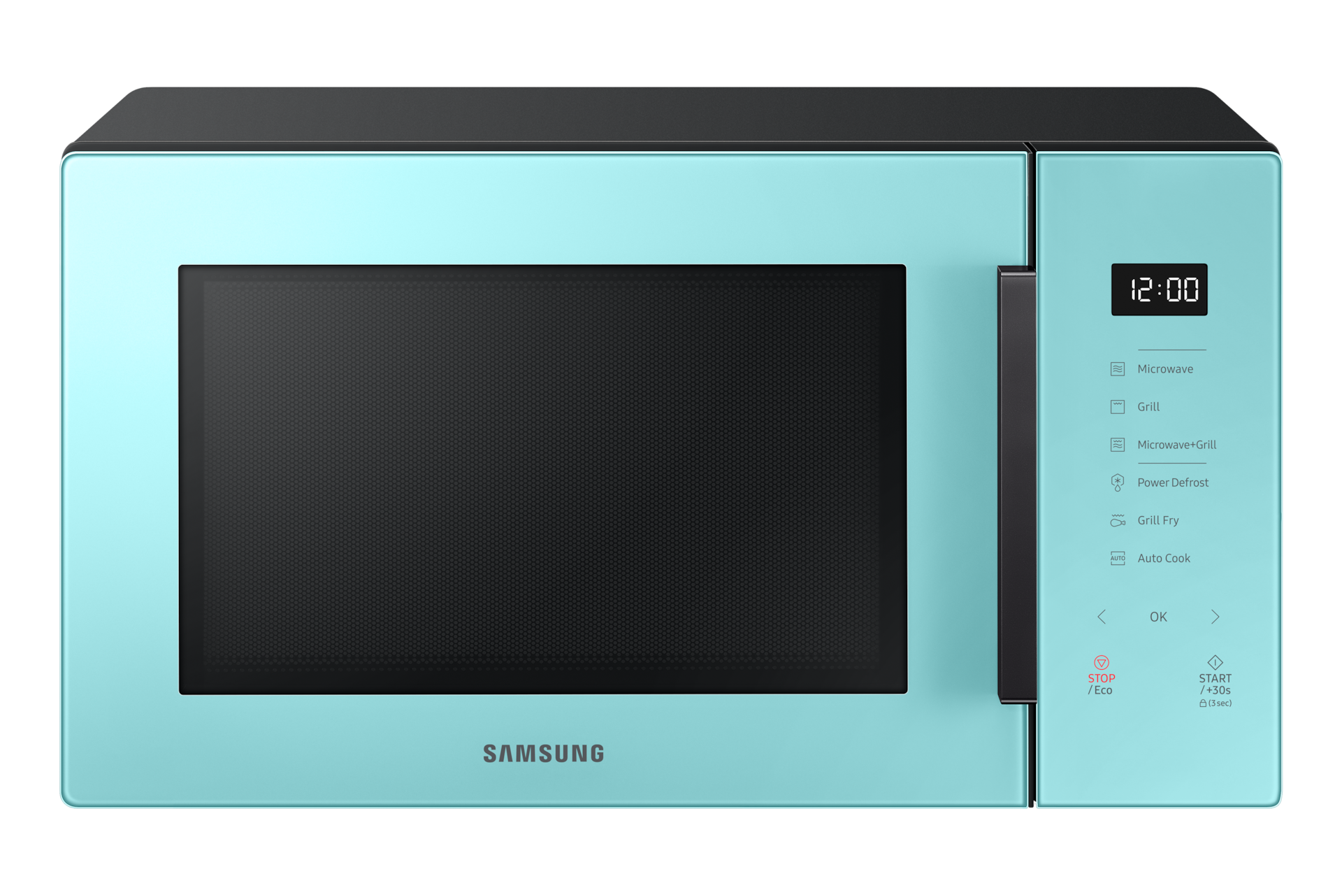 Buy Samsung MG30T5018CN/SP now. Grill Microwave Oven with Grill Fry, 30L (Mint) viewed from the front with Samsung logo