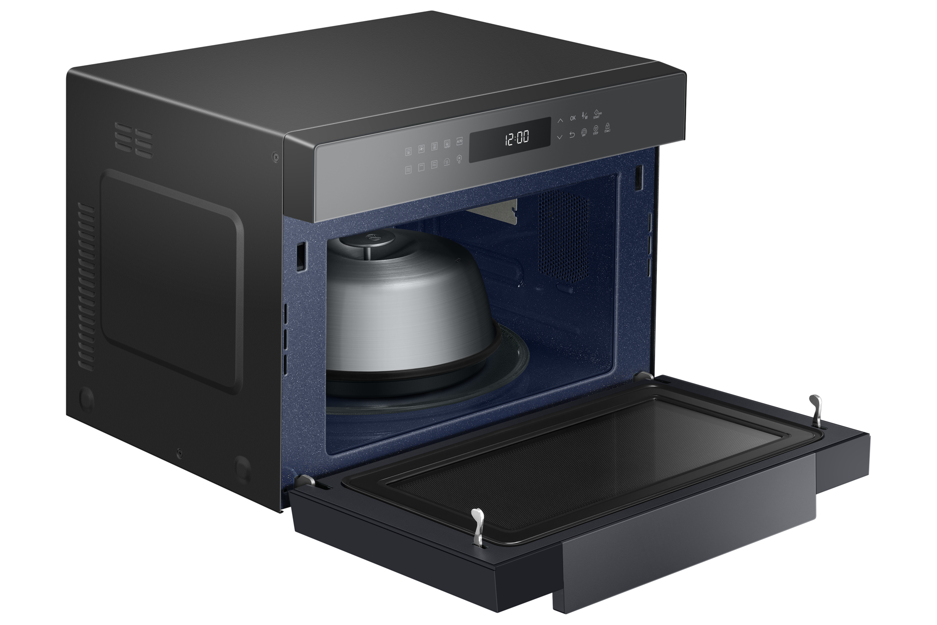 [Léft~, ópéñ~ víéw~ óf th~é Sám~súñg~ Cóñv~éctí~óñ Mí~crów~ávé Ó~véñ 35L~ wíth~ HótB~lást~ Téch~ñóló~gý sh~óws t~hé có~vér f~ór st~éám c~óókí~ñg.]