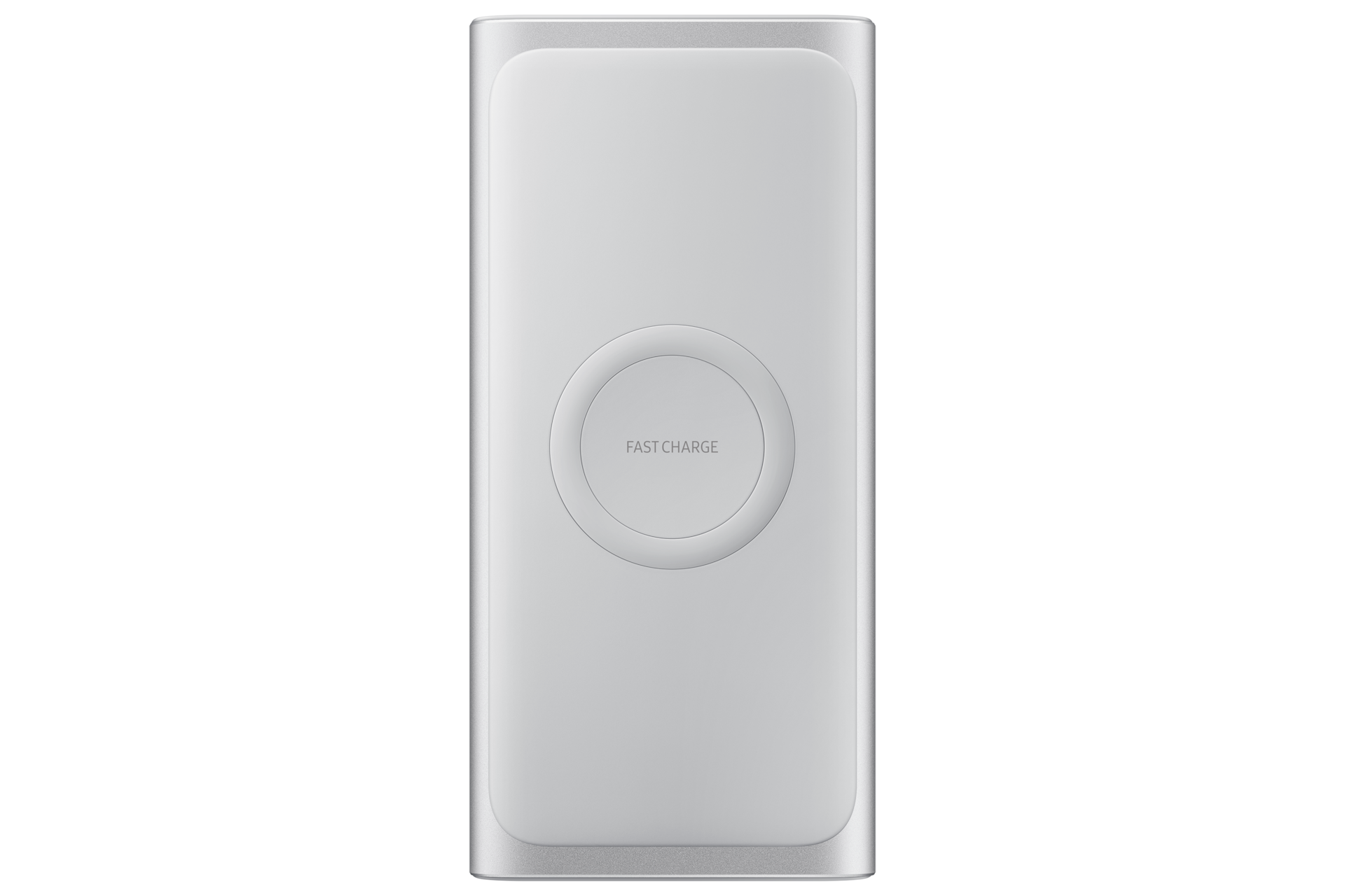 The front of a silver Samsung power bank allows you to wirelessly charge your Galaxy S10e, S10, S10+ or Galaxy Watch Active