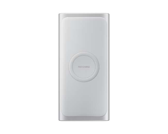 The front of a silver Samsung power bank allows you to wirelessly charge your Galaxy S10e, S10, S10+ or Galaxy Watch Active