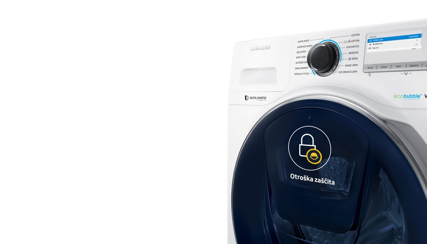 Perspektivna slika AddWash™ pralnega stroja. Otroška ikona je vidna na vratih in na ekranu nastavitev.
