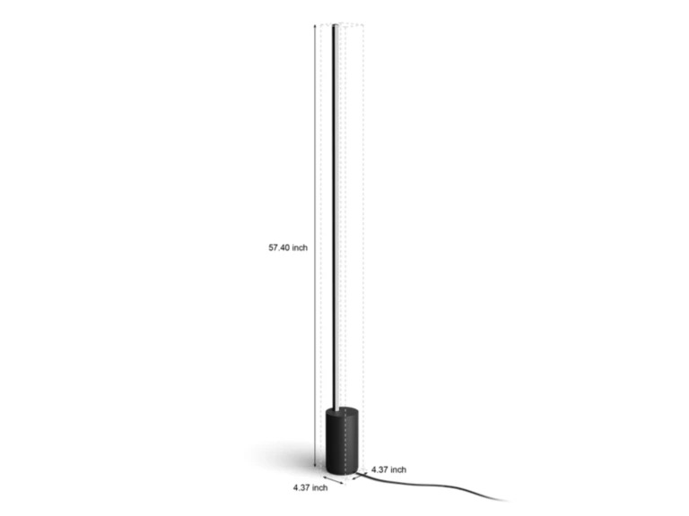 Philips Hue Signe gradient floor lamp with diagram of its dimensions (57.40 in x 4.37 in x 4.37 in) on white background.