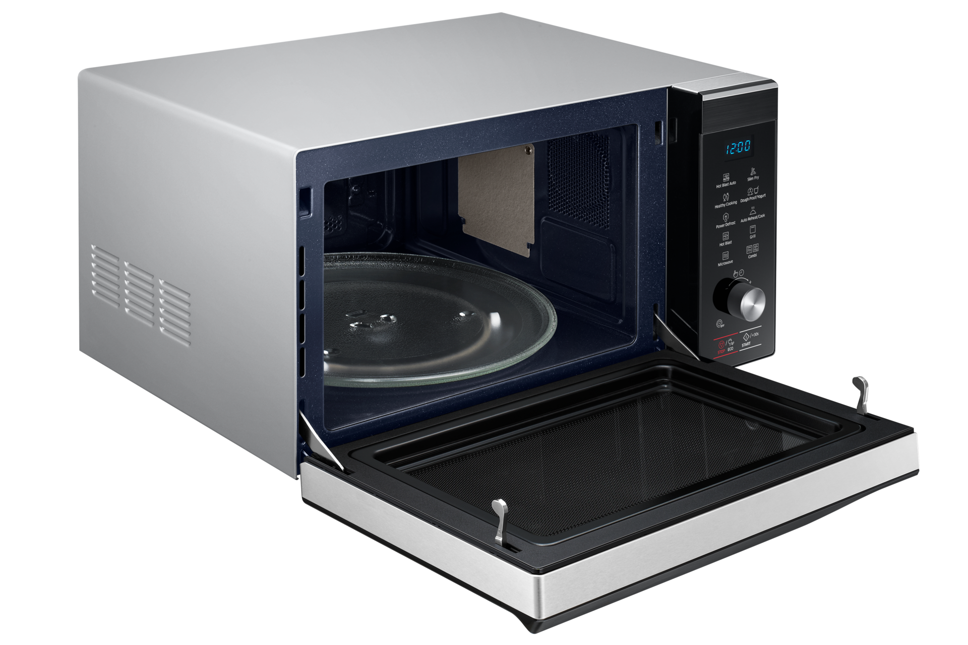 มุมมองด้านซ้ายของเตาอบอบ อุ่น ย่าง ทอด MC32K7055CT Convection, 32 ลิตร (สีดำ) พร้อมประตูเปิดเต็มที่