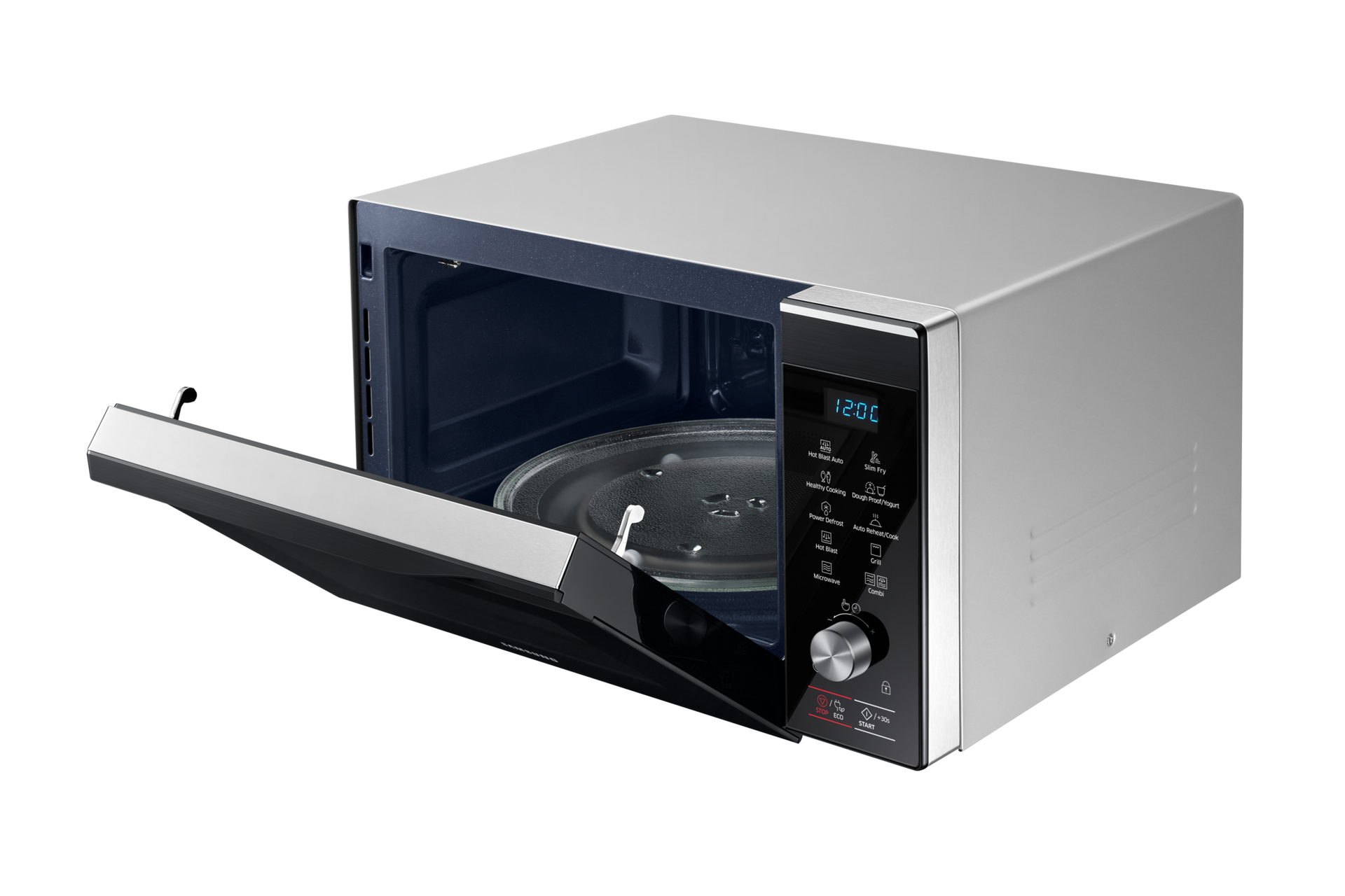 มุมมองด้านขวาของเตาอบอบ อุ่น ย่าง ทอด MC32K7055CT Convection, 32 ลิตร (สีดำ) พร้อมประตูเปิดเต็มที่