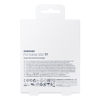 มุมมองด้านหลังของหน่วยความจำ Samsung Portable T7 SSD (สีน้ำเงิน) ในกล่องบรรจุภัณฑ์เดิม