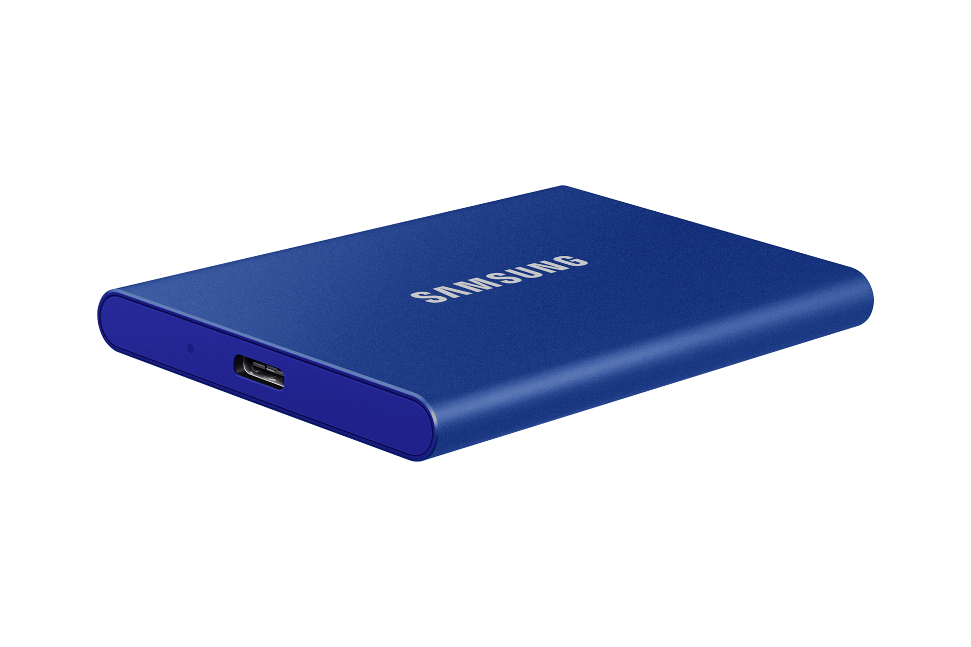 มุมมองด้านข้างของหน่วยความจำ Samsung Portable T7 SSD (สีน้ำเงิน) แสดงให้เห็นการออกแบบที่บางและกะทัดรัด
