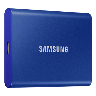 มุมมองด้านซ้ายของหน่วยความจำ Samsung Portable T7 SSD (สีน้ำเงิน) Portable SSD ความเร็วสูง
