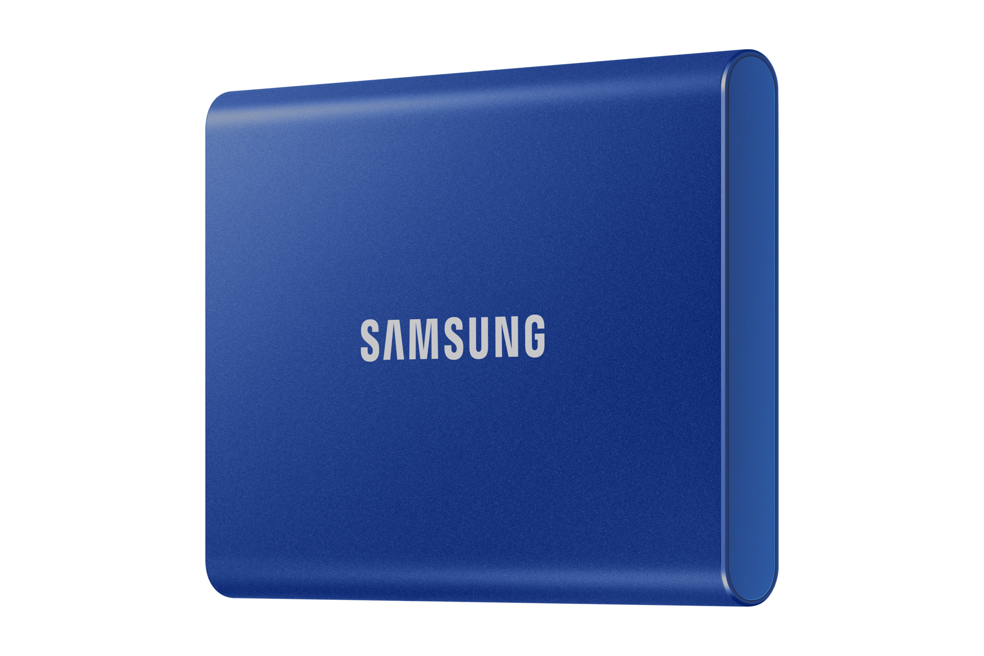 มุมมองด้านขวาของหน่วยความจำ Samsung Portable T7 SSD (สีน้ำเงิน) Portable SSD ความเร็วสูง