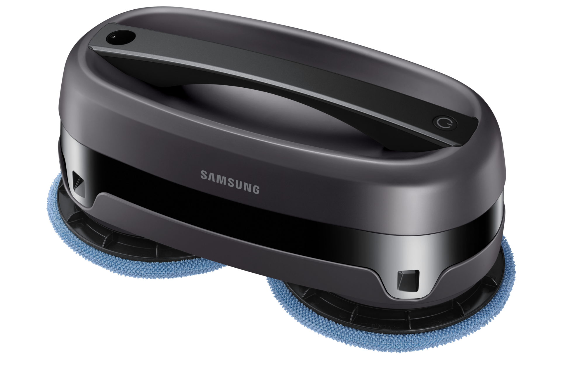 มุมมองเอียงด้านขวาของตัวอุปกรณ์เห็นโลโก้ Samsung ผ้าทำความสะอาดสีฟ้้า