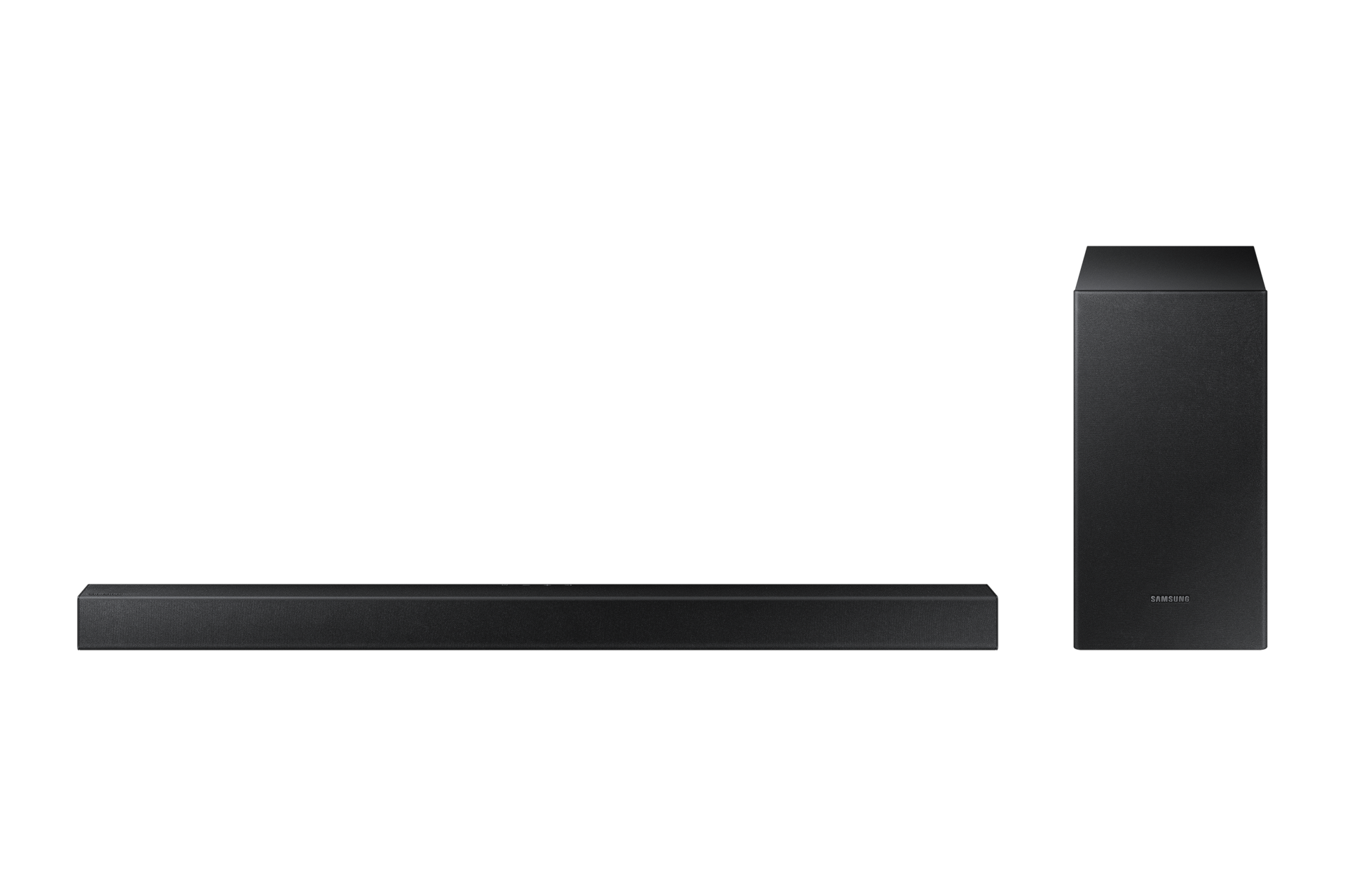 ซื้อ Samsung soundbar 2.1ch 150W ซาวด์บาร์ระบบเสียงแบบ 2.1 และซับวูฟเฟอร์ขนาด 6.5 นิ้ว ให้เสียงที่เต็มอิ่มกว่าเดิม พร้อมเสียงเบสลุ่มลึก. ด้านหน้าของ Samsung Soundbar HW-T420 สี Black