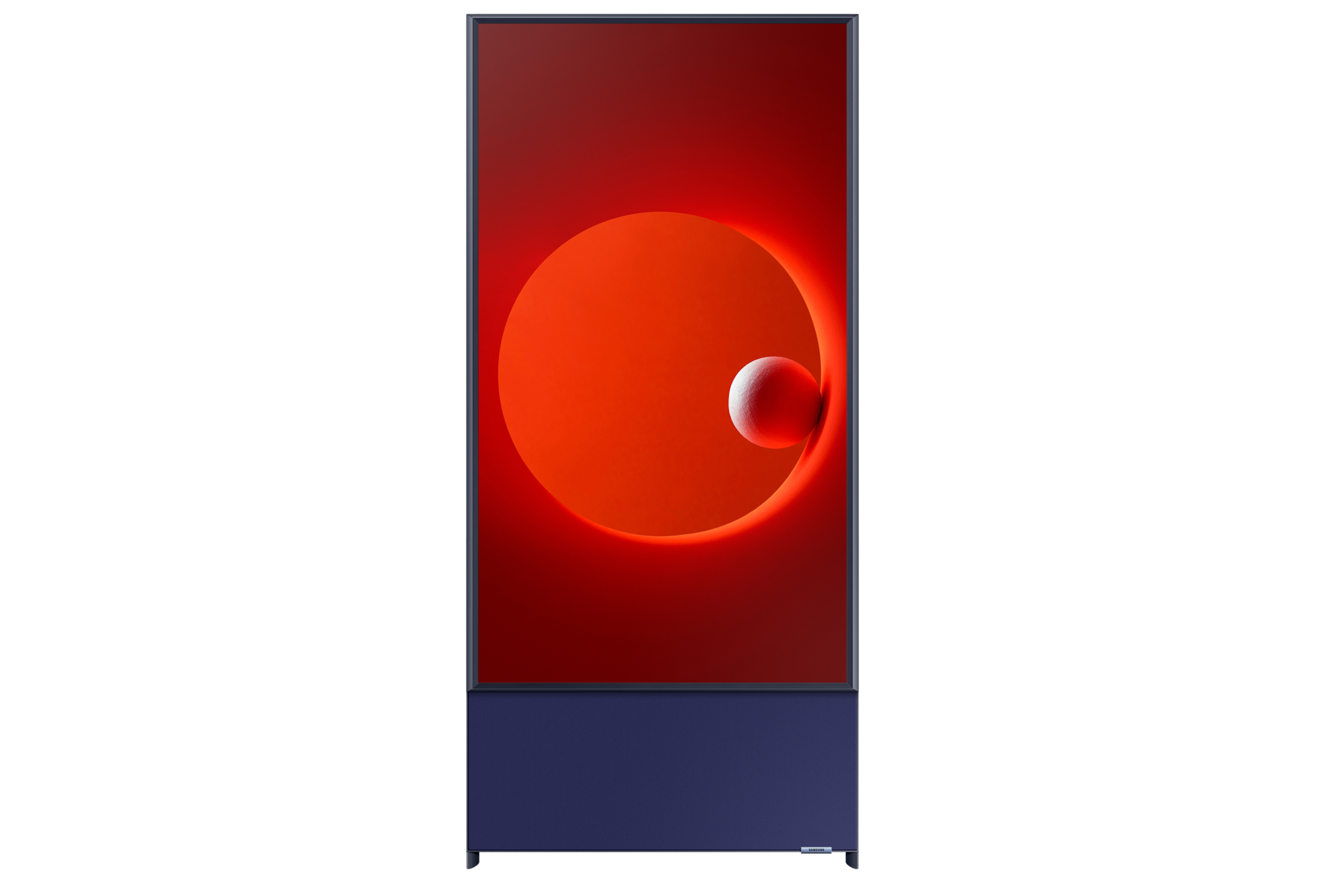 Samsung The Sero 4K Smart TV (2020) ทีวีหมุนได้ มอบความบันเทิงเคลื่อนได้ ทีวีที่ขยับได้ตามคอนเทนต์ของคุณ ไม่ว่าจะแนวตั้ง หรือแนวนอน. ด้านหน้าของ The Sero สี Navy-Blue