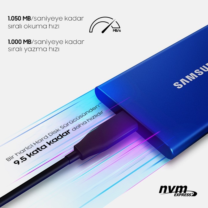 Taşınabilir SSD T7 USB 3.2 Gen 2 500GB (Mavi) | Samsung Kurumsal