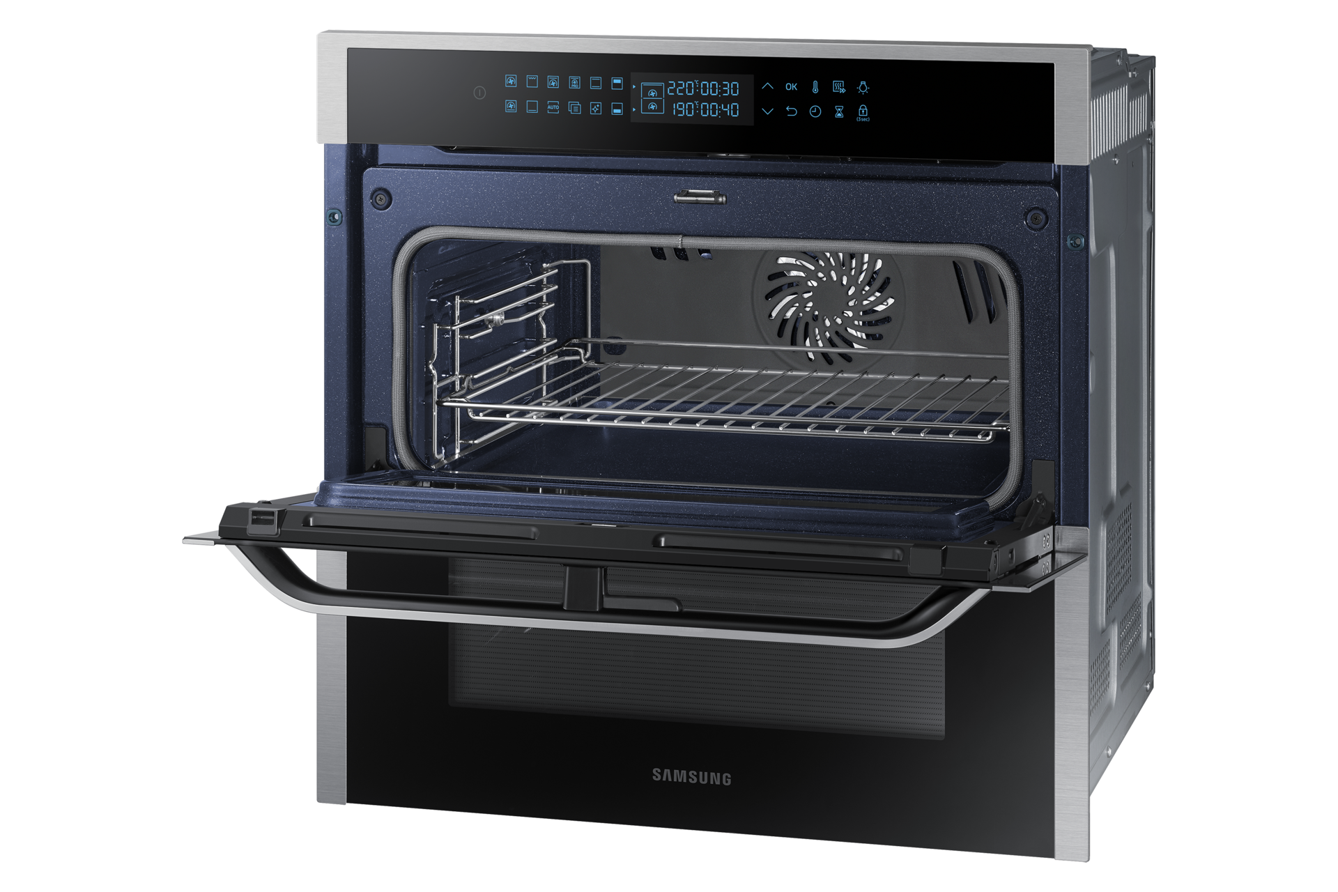 Духова шафа NV75N7646RS/WT з Dual Cook Flex, 75л - фото r-perspective-dual-door-full-open-with-rack silver