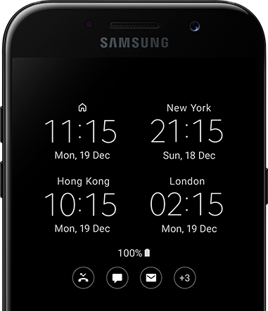 Перегляд дати і часу в різних часових поясах на екрані Galaxy A5 (2017) з функцією Always On Display.