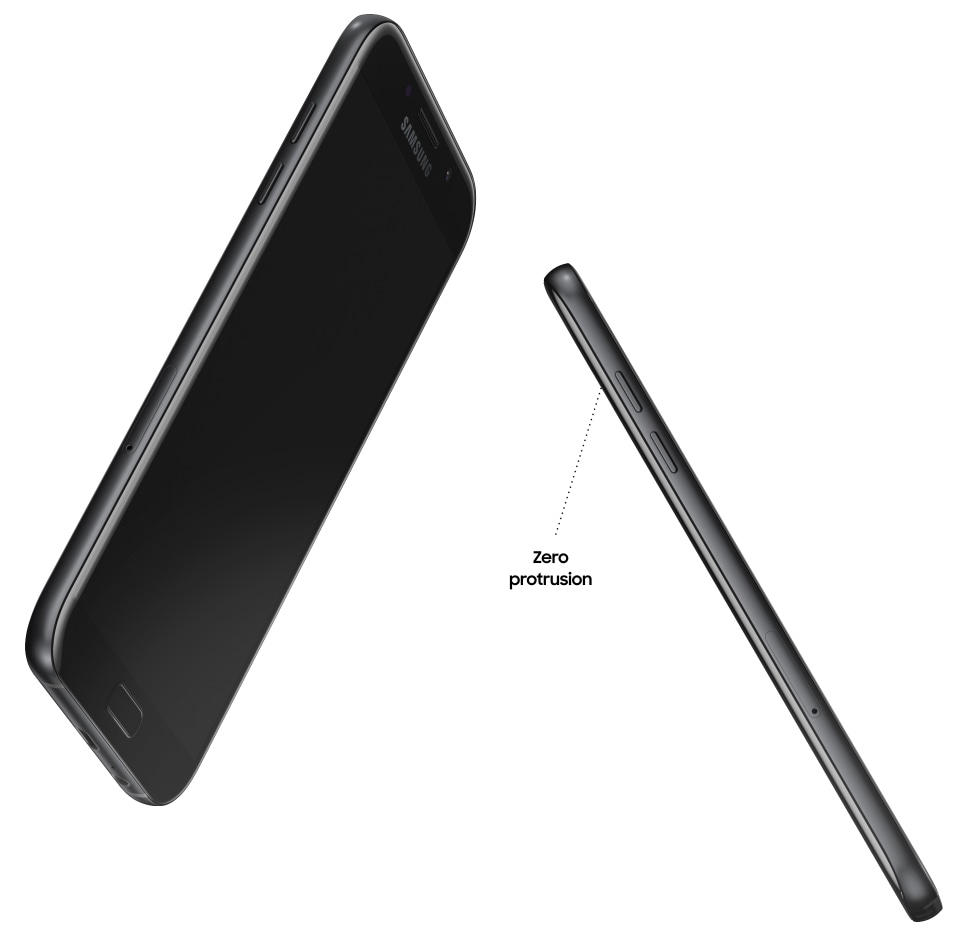 Вид Galaxy A7 (2017) спереду і збоку, щоб підкреслити його симетричний дизайн з нульовим виступом.