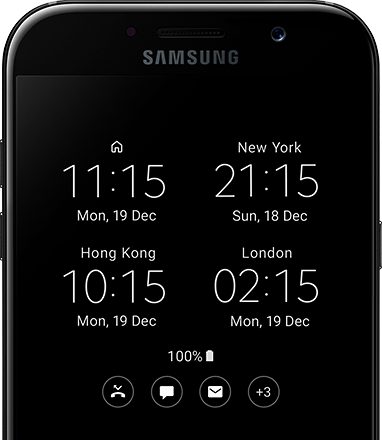 Перегляд дати і часу в різних часових поясах на екрані Galaxy A7 (2017) з функцією Always On Display.