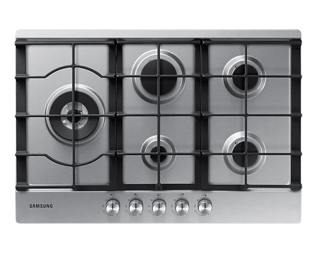 A Samsung 5 Burner Gas Hob with cast iron pan supports on a white background.