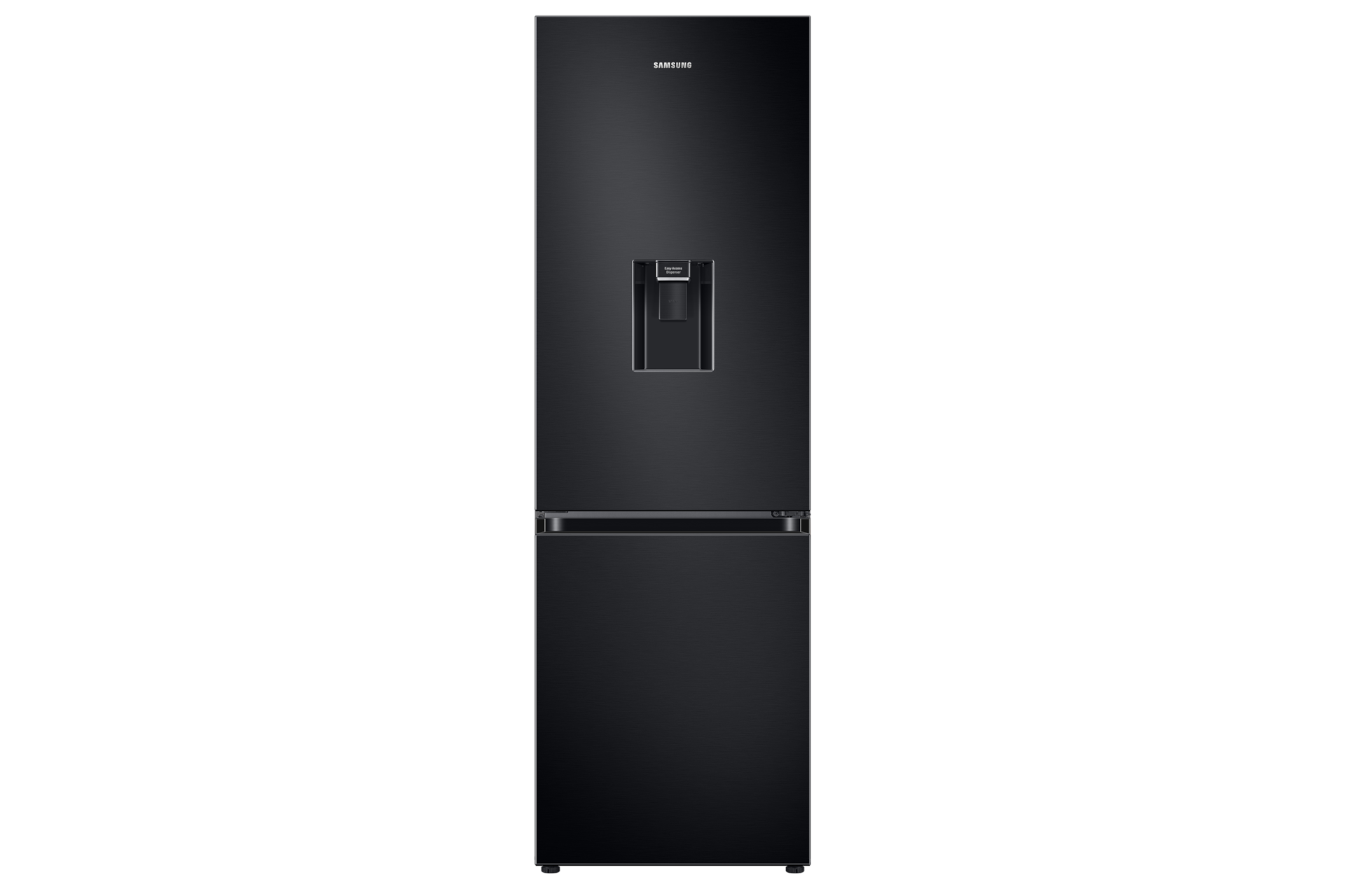 A Samsung black Series 6 classic fridge freezer RB34T632EBN with a non-plumbed water dispenser on a white background.