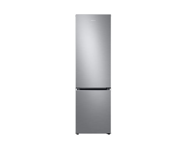 A Samsung silver Series 5 classic fridge freezer RB38T602CS9 on a white background.