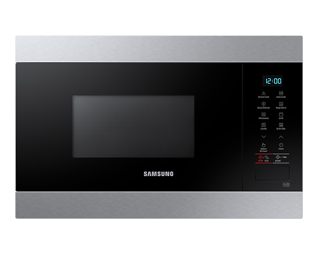 Front view of a silver Samsung Built-In Grill Microwave