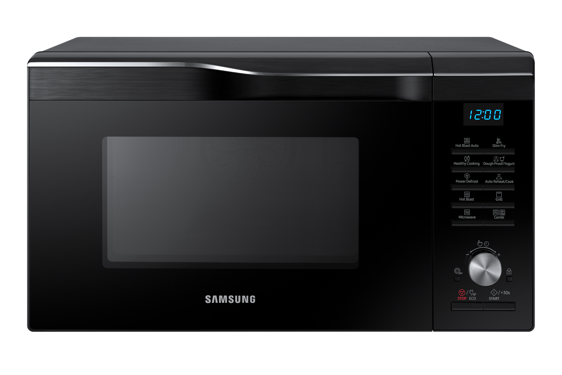 Front view of a black Samsung Combination Microwave oven (28L model) with HotBlast Technology