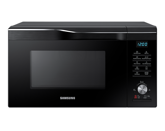 Front view of a black Samsung Combination Microwave oven (28L model) with HotBlast Technology