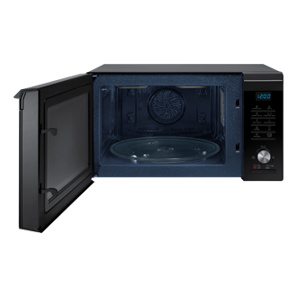 Front view of a black Samsung Combination Microwave oven (28L model), featuring HotBlast Technology, with the door open