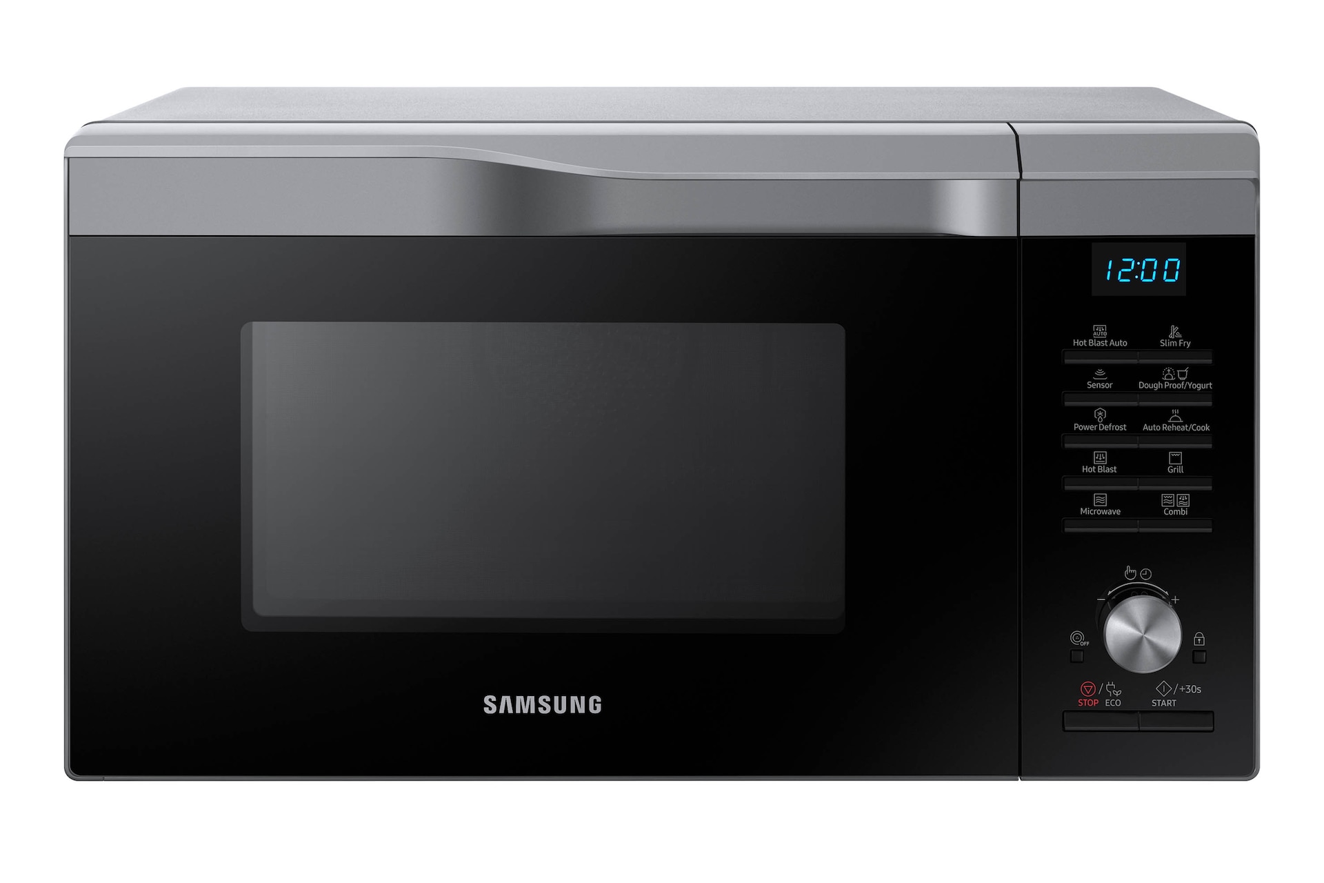 Front view of a silver Samsung Combination Microwave oven (28L model) with HotBlast Technology