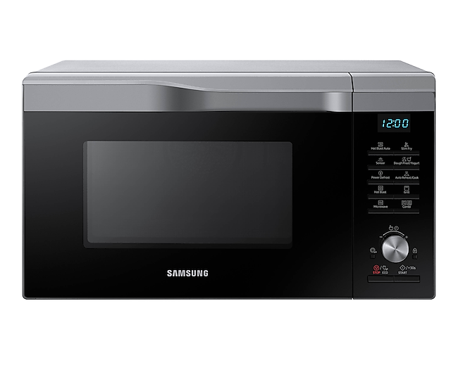 Front view of a silver Samsung Combination Microwave oven (28L model) with HotBlast Technology