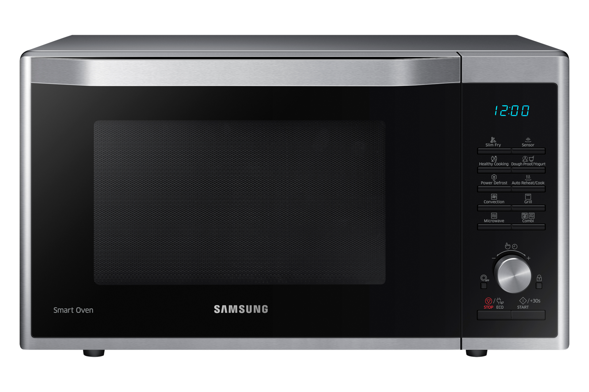 Front view of a silver Samsung Combination Microwave oven (32L model) with SlimFry