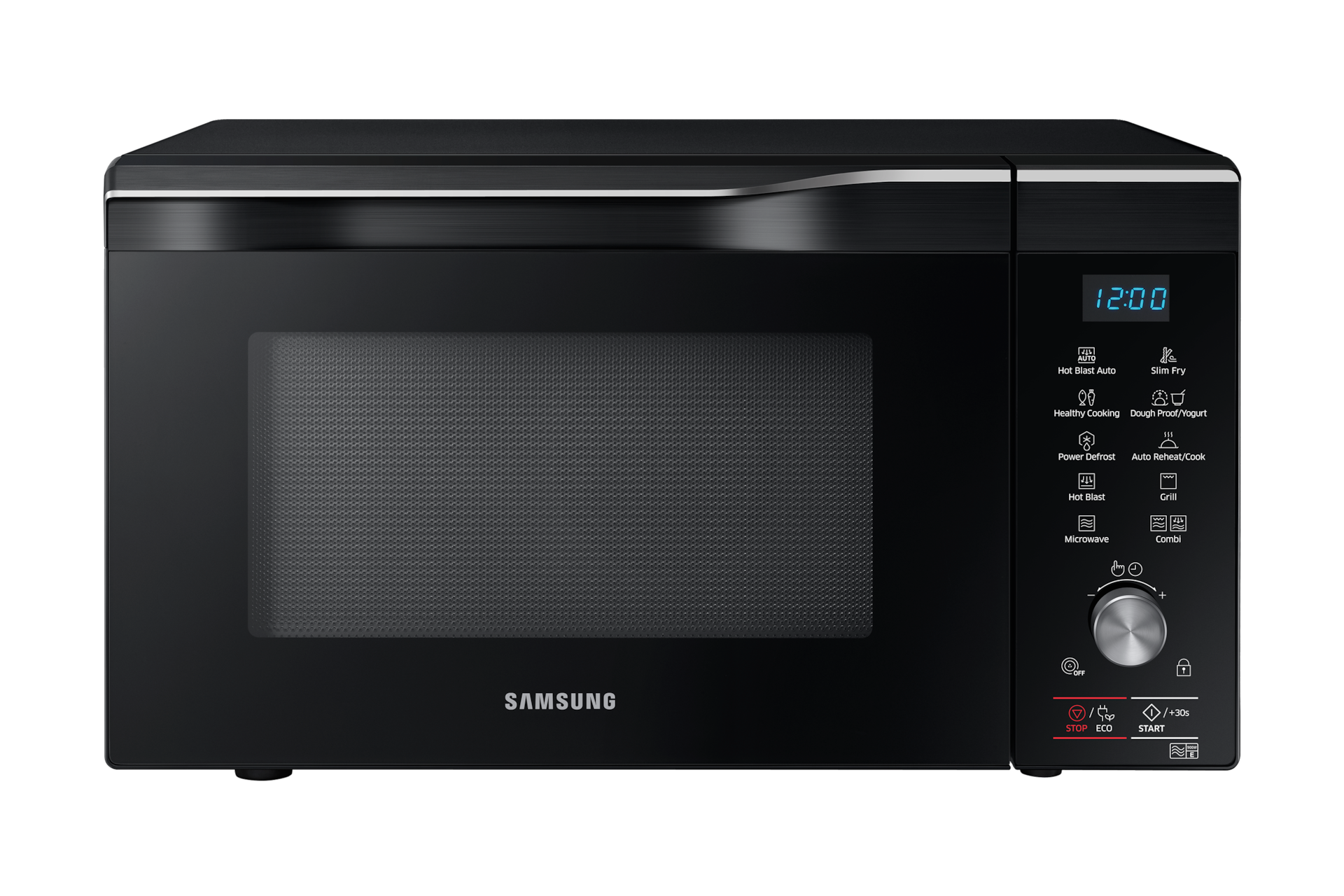 Front view of a black Samsung Combination Microwave oven (28L model) with HotBlast Technology