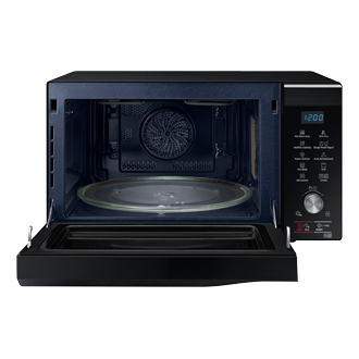 Front bottom view of a black Samsung Combination Microwave oven (28L model), featuring HotBlast Technology, with the door open