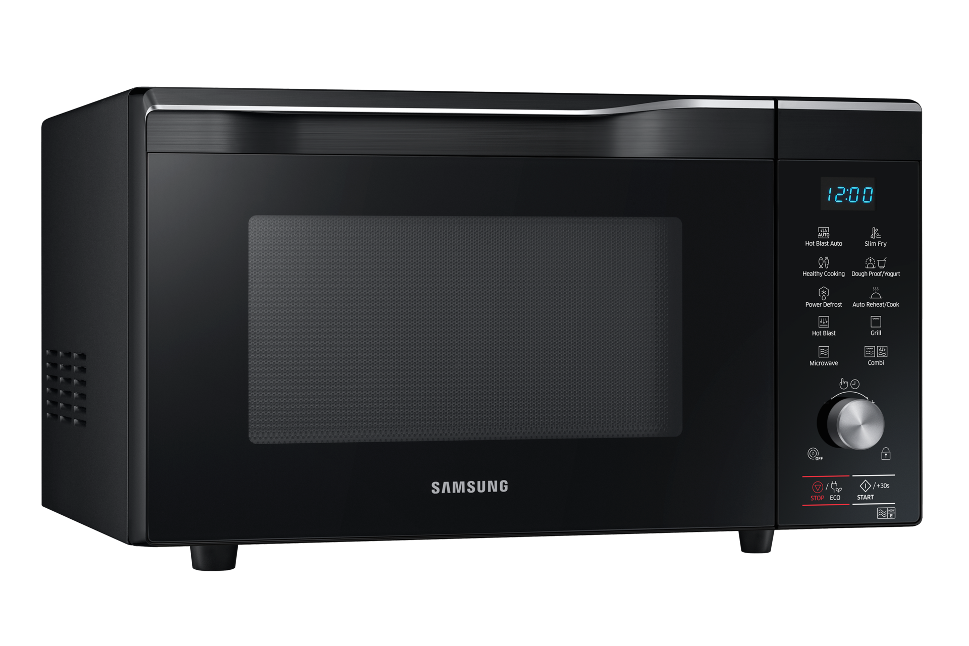 Front left view of a black Samsung Combination Microwave oven (28L model) with HotBlast Technology