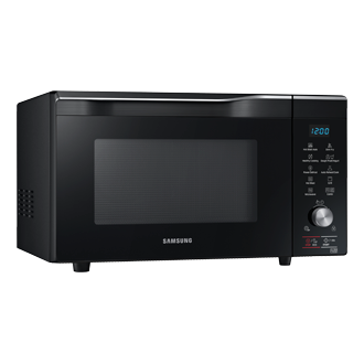 Front left view of a black Samsung Combination Microwave oven (28L model) with HotBlast Technology