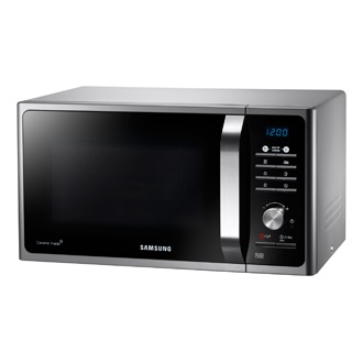 Top right view of a silver Samsung Solo Microwave oven (23L model) with Healthy Cooking