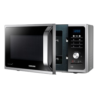 Front right view of a silver Samsung Solo Microwave oven (23L model) with Healthy Cooking with the door open