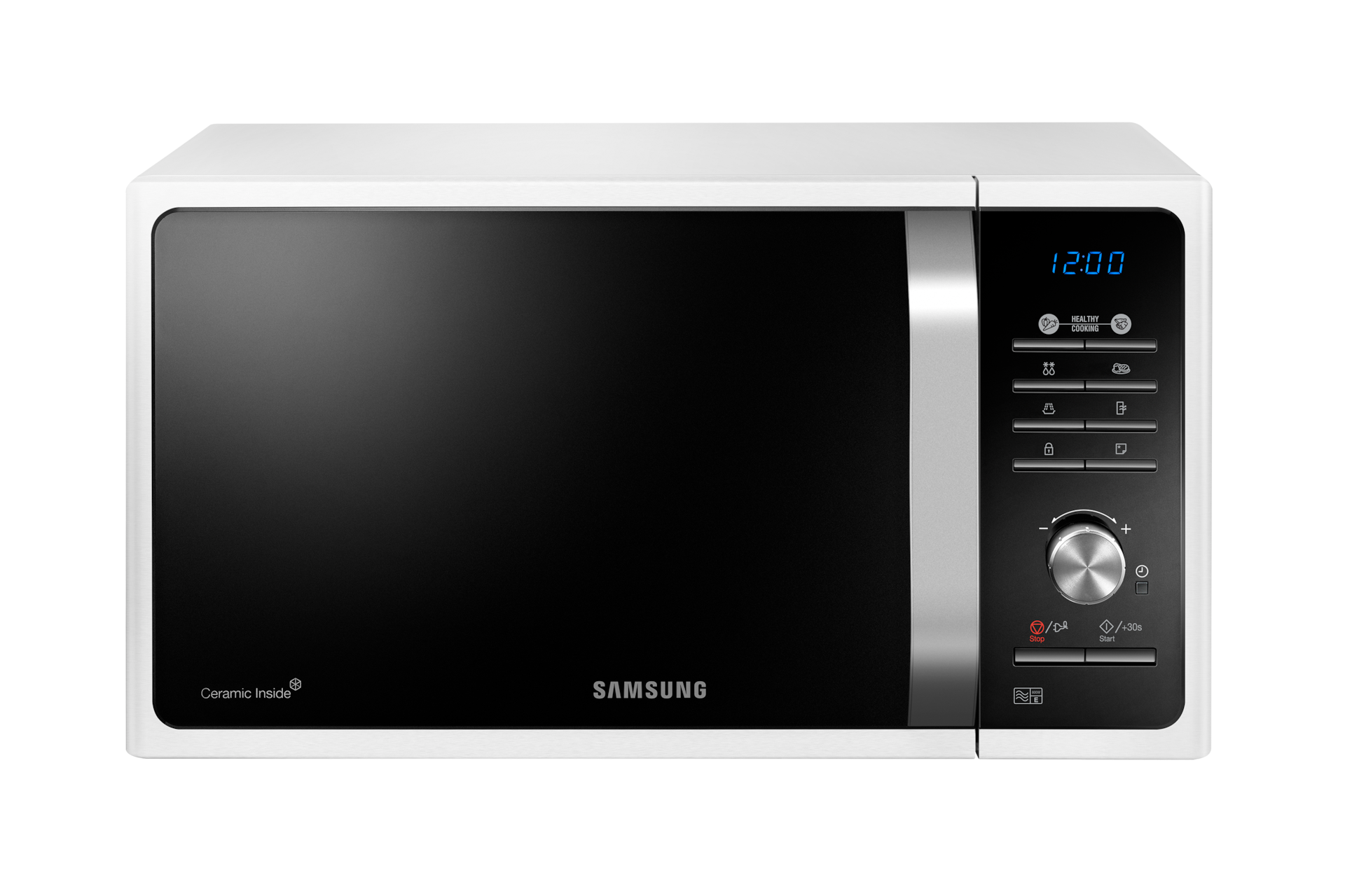 Front view of a white Samsung Solo Microwave oven (23L model) with Healthy Cooking