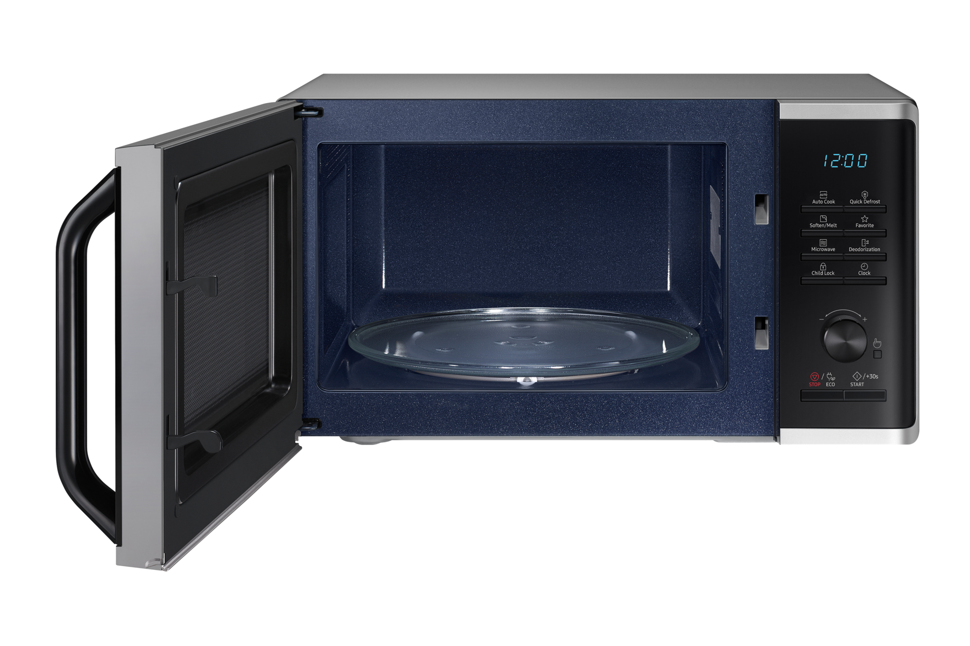 Front view of a silver Samsung Solo Microwave oven with Quick Defrost with the door open