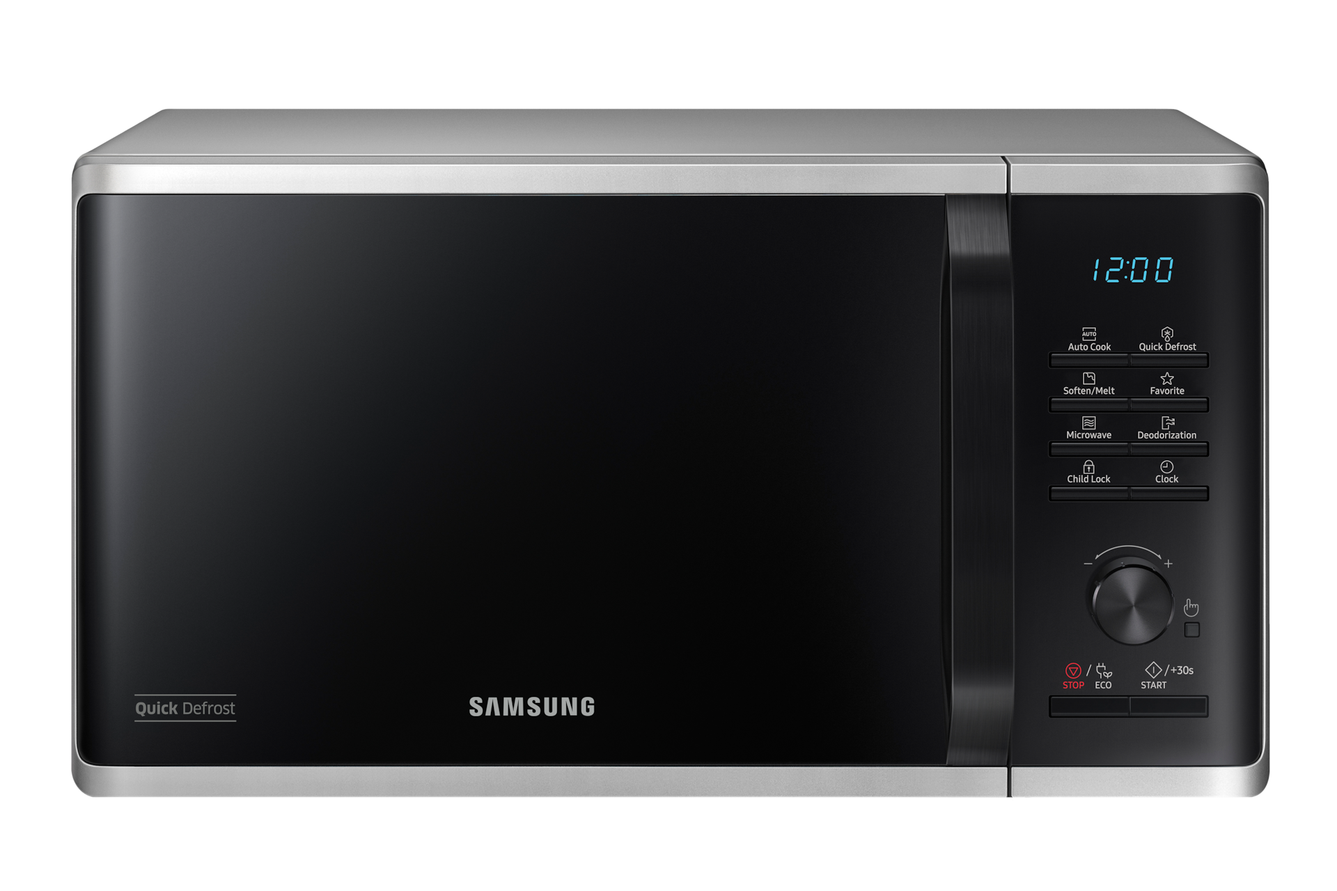 Front view of a silver Samsung Solo Microwave oven with Quick Defrost