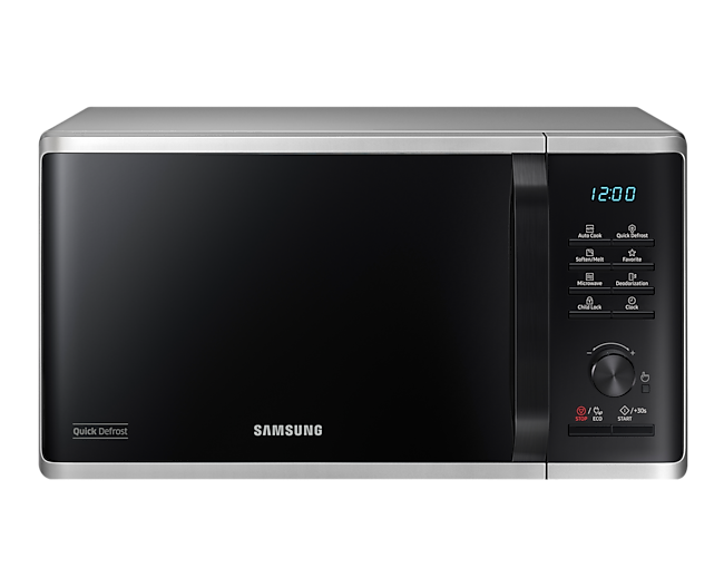 Front view of a silver Samsung Solo Microwave oven with Quick Defrost